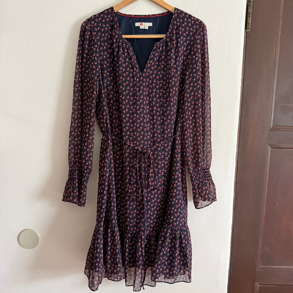 BODEN | Navy Blue Long Sleeve Tie Waist Dress with Red Floral  | Size 10